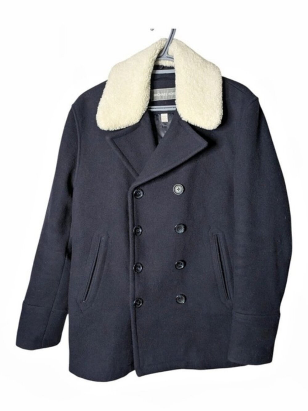 Michael Kors Wool Blend Pea Coat Removable Contrast Faux Fur Collar Size Large